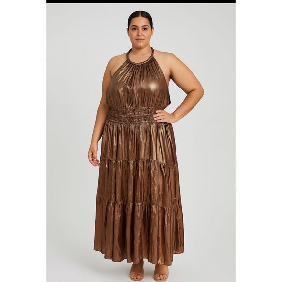A.L.C. Elara Silk Blend Metallic Tiered Maxi Dress Bitter Chocolate Sz 14 - Picture 1 of 13